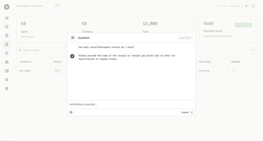 Midday
			 modal screen dashboard sidebar navigation grid onboarding form finance data analysis conversational ui task completion dashboard overview data visualization chat interface table ui page example