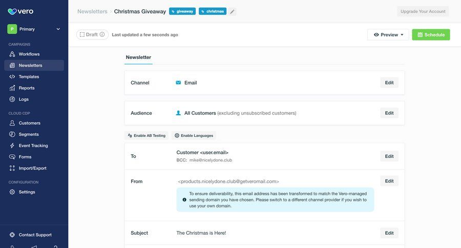 Vero
			 configuration e-commerce sidebar navigation form hierarchical content customer communication schedule email video editor drag & drop sidebar create data grid campaign creation ui page example