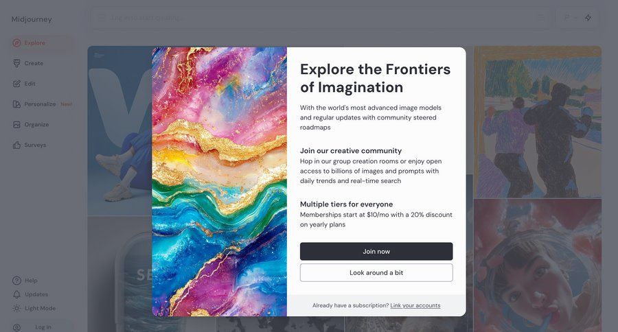 Midjourney
				onboarding ui page example