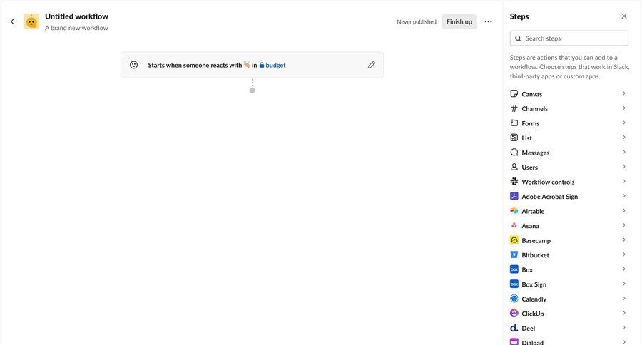 Slack
			 workflow automation editor workflow builder workflow automation split view workflow creation drag and drop integration setup workflow steps workflow editor sidebar create integration chatbot ui page example