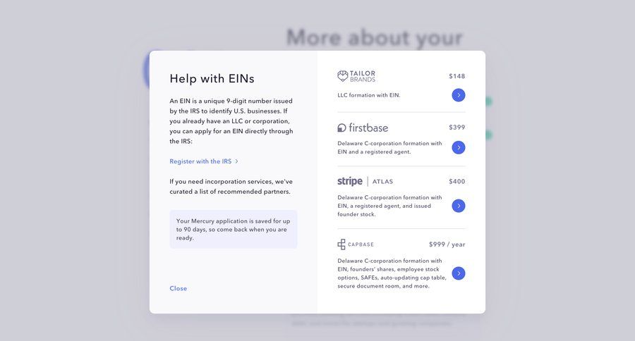 Mercury
			 account setup finance fintech modal finance call to action ui page example