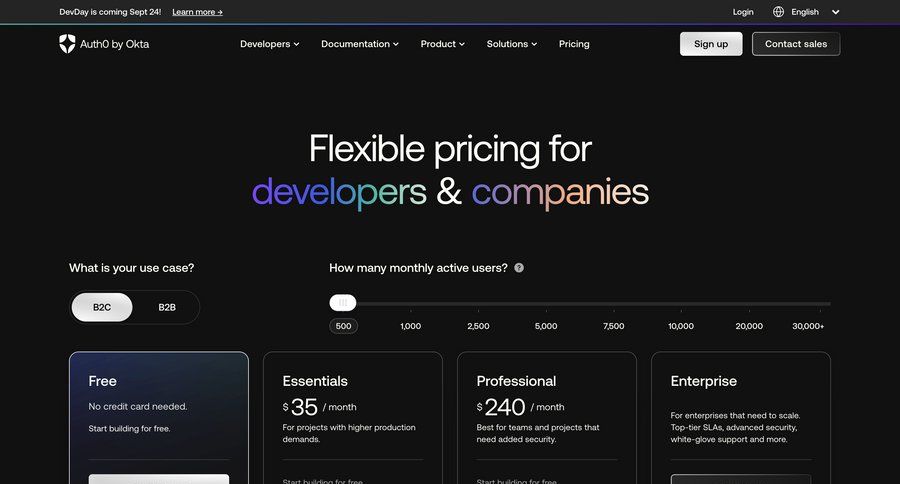 Auth0
			 coming soon free plan free tier extend trial features management audit log service plans pricing plans subscription plans payment options payment page accordion payment confirmation newsletter signup pricing packages pricing calculator ui page example