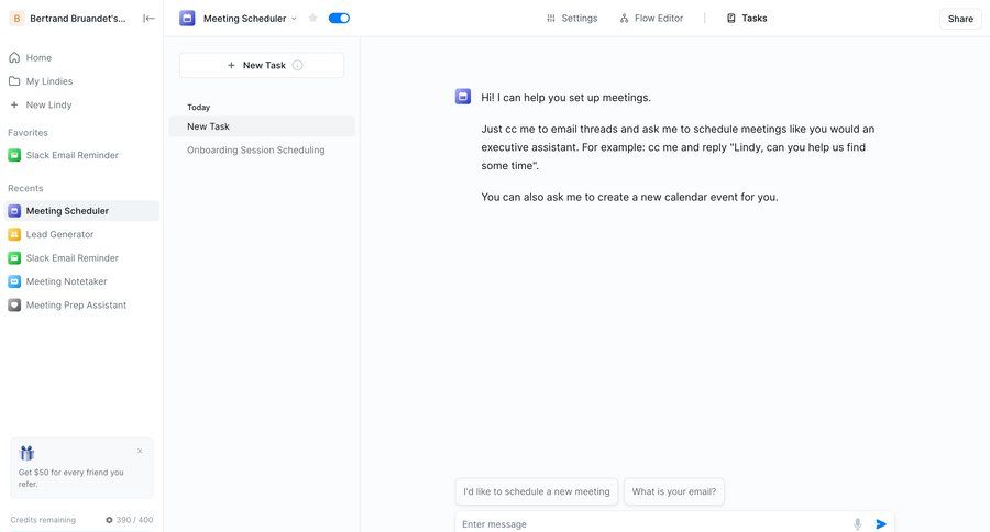 Lindy
			 task management dashboard sidebar navigation artificial intelligence onboarding form attachment scheduling meetings content hierarchy sidebar chat interface ui page example
