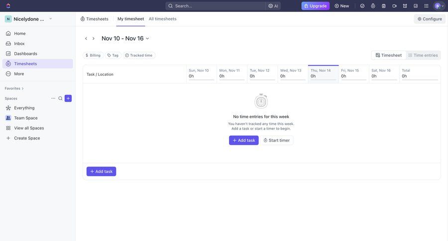 ClickUp
			 task management sidebar navigation project management data entry sidebar blank state void blank non-ideal state empty page prompt table time management time tracking ui page example