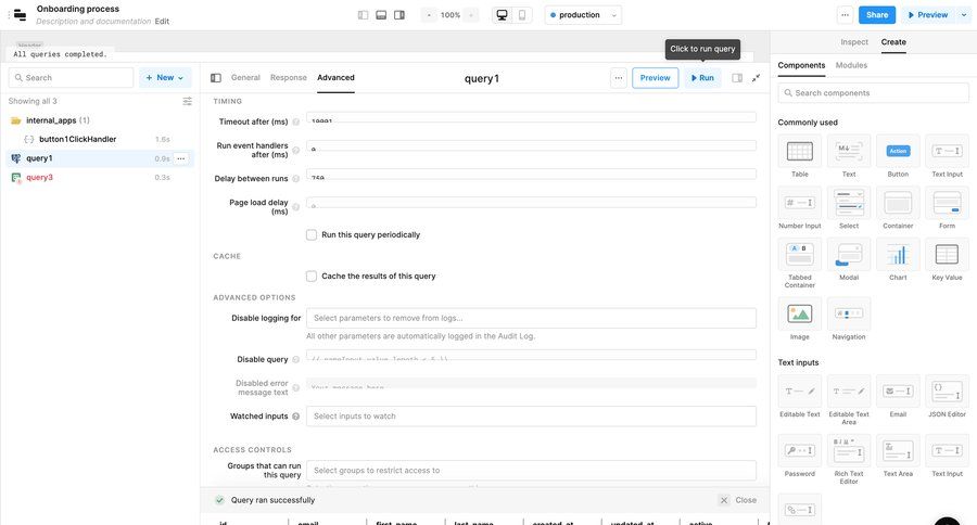Retool
			 sidebar settings form data management access control table configuration split view rich text access controls audit log ui page example