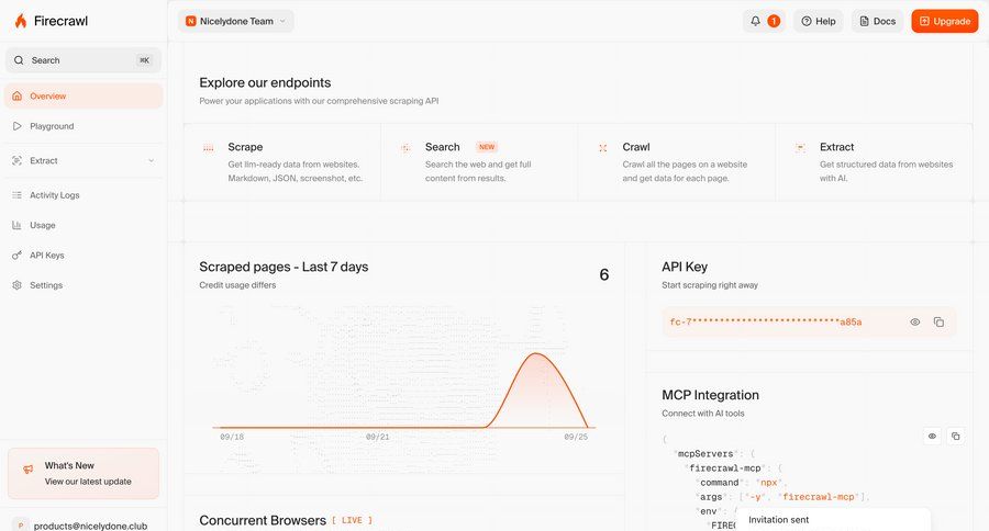 Firecrawl
			 dashboard sidebar navigation integration setup data analytics dashboard overview menu monitoring integration code snippet card layout ui page example