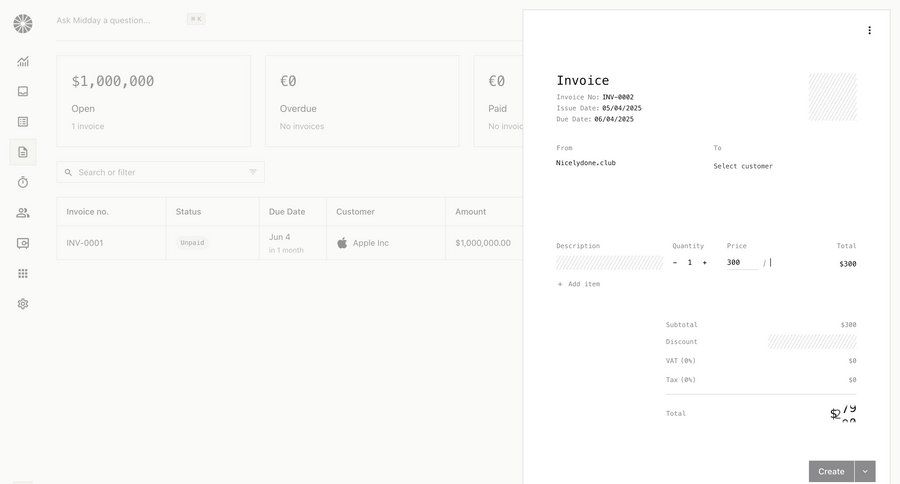 Midday
			 dashboard sidebar navigation form finance dashboard overview table search bar ui page example