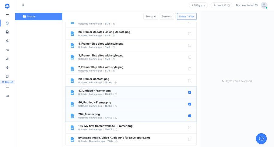 Bytescale
			upload bulk actions sidebar navigation file management upload image file list screen bulk import bulk delete bulk upload bulk archive call to action sidebar file uploader upload file upload media upload documents image gallery file picker avatar upload ui page example