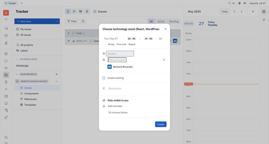 Huly
			 task management modal screen collaboration project management form date picker time picker ui page example