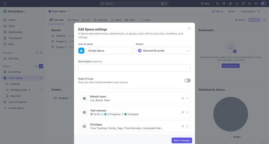 ClickUp
			 modal screen configuration settings team collaboration project management form workflow configuration privacy settings save changes ui page example