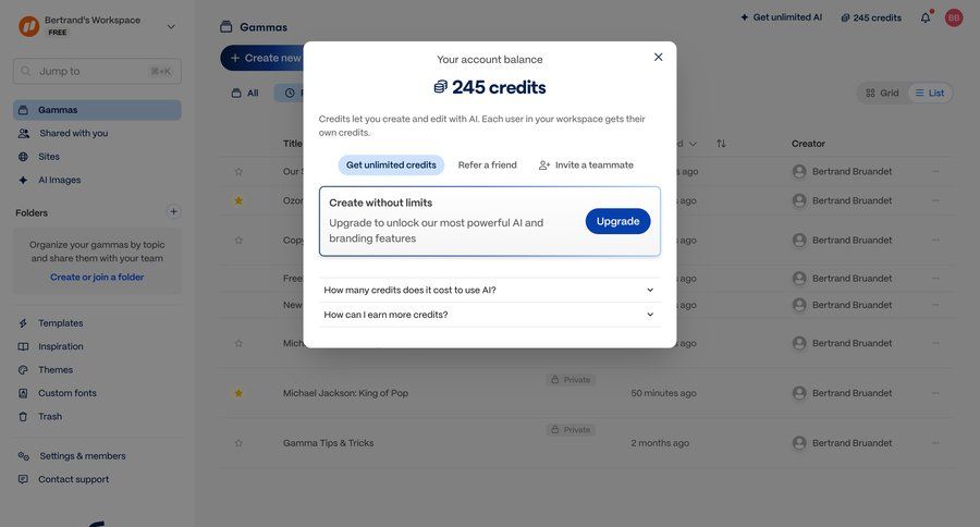 Gamma
			 account management modal dialog credits ui page example