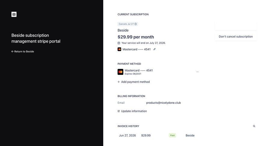 Beside
			 e-commerce sidebar navigation account management account settings subscription management user account payment method call to action sidebar table billing portal ui page example