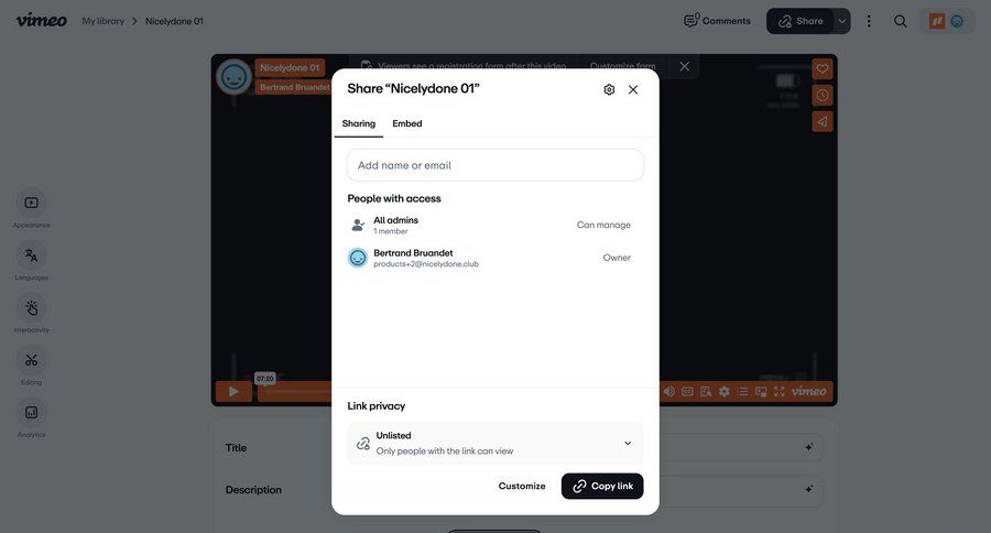 Vimeo
			share modal & popover content management collaboration share modal access control privacy settings user data sharing ui page example