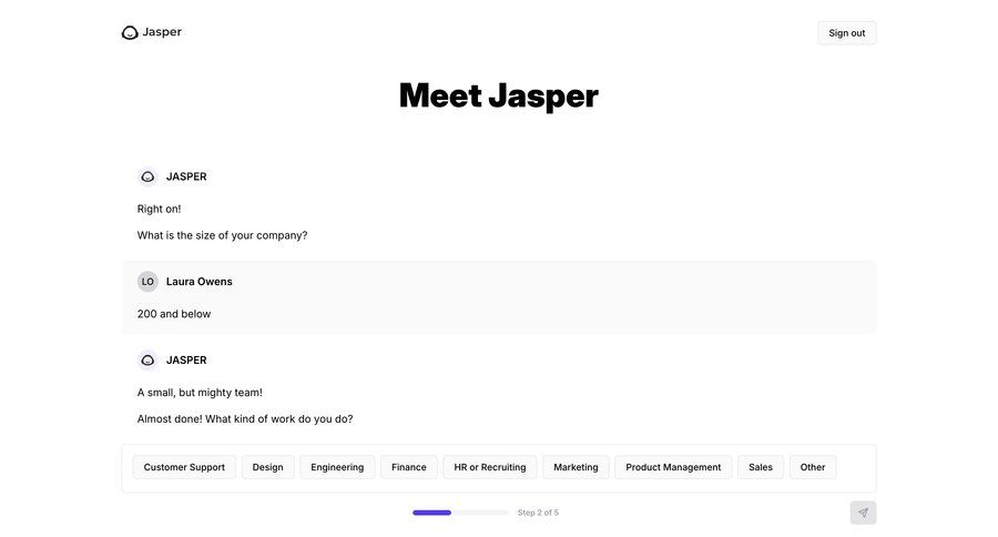 Jasper
			 onboarding form progress bar chat interface chatbot ui page example