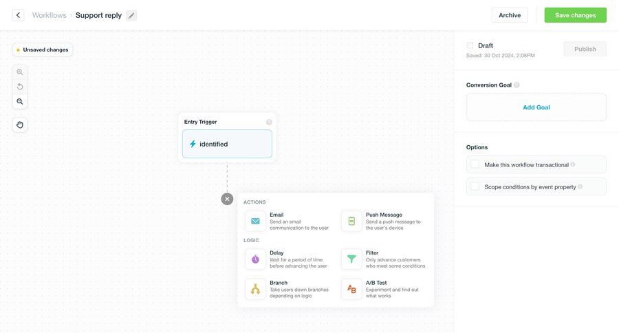 Vero
			 workflow automation editor workflow management workflow builder workflow creation marketing automation drag and drop workflow configuration customer communication save changes workflow editor video editor create ui page example