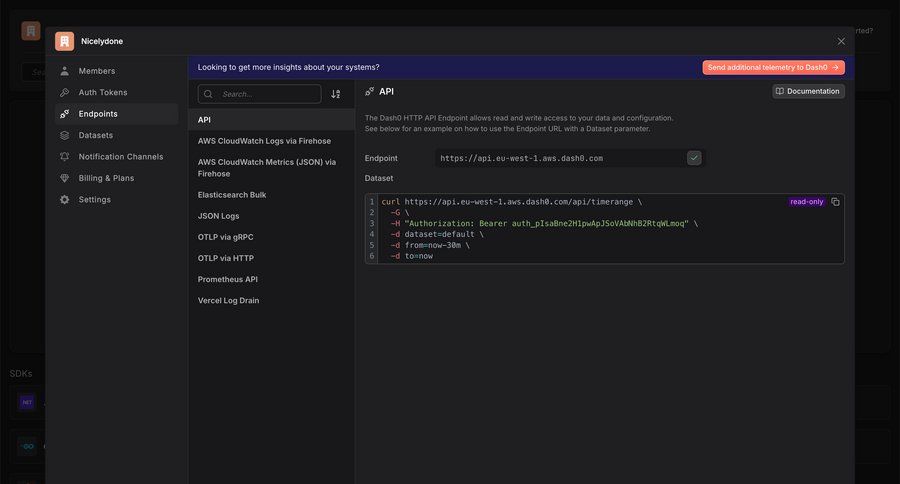 Dash0
			 configuration settings menu documentation code snippet ui page example