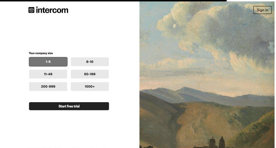 Intercom
			 split screen customer communication trial checkout free trial call to action auth signup create new account register ui page example