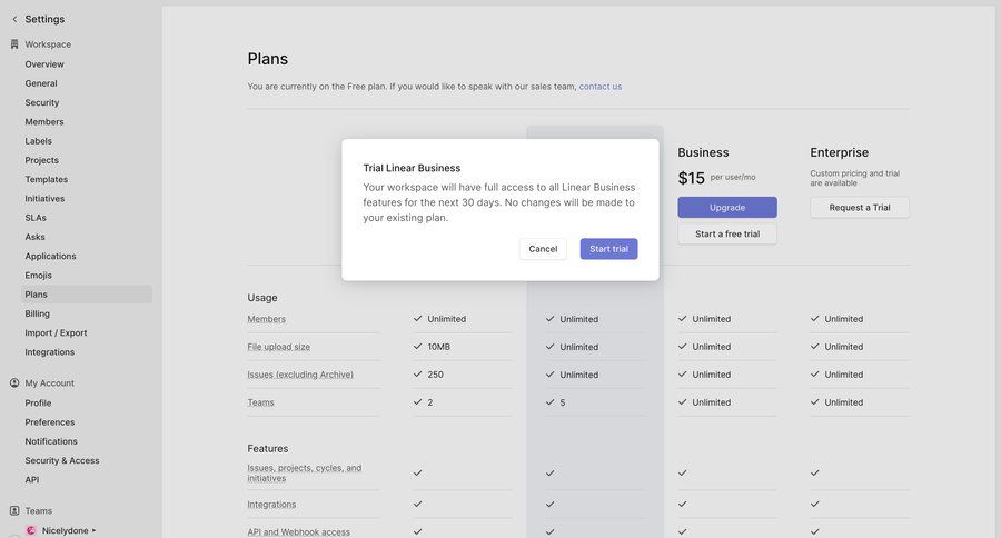 Linear
			 settings sidebar navigation account management account settings subscription management plan comparison file upload modal trial checkout free trial free plan cancel trial call to action sidebar service plans pricing plans subscription plans payment options features payment page table enterprise settings payment confirmation pricing packages pricing calculator ui page example