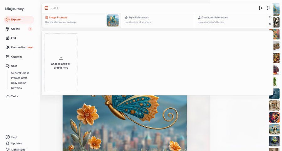 Midjourney
			 dashboard sidebar navigation artificial intelligence grid form design file upload full-screen layout drag and drop sidebar image gallery ui page example