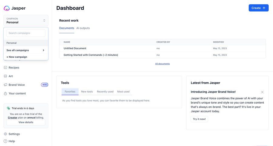Jasper
			 dashboard sidebar navigation project management artificial intelligence account management onboarding campaign management sidebar create chat menu modern table ui page example