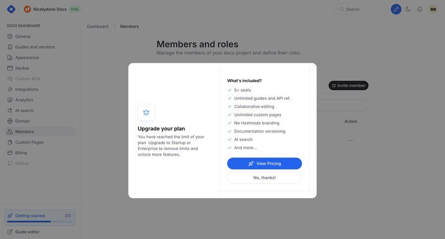 Hashnode
			 team collaboration dashboard sidebar navigation user management account management modal dialog progress indicator account settings rounded corners upgrade modal user role sidebar doc documentation docs progress bar version control ui page example