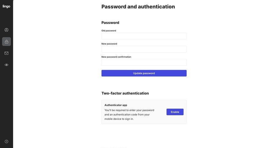 Lingo
			 settings sidebar navigation form account setup authentication full-screen layout password management security password update ui page example