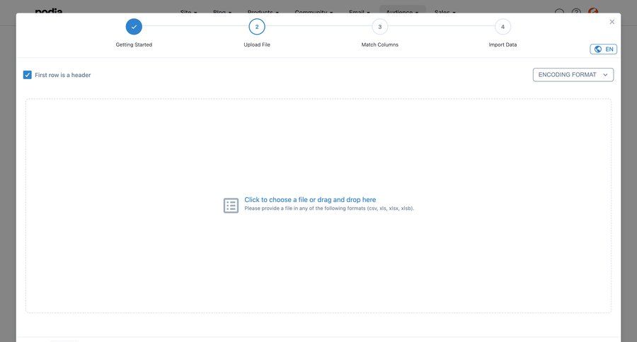 Podia
			 data management onboarding form import data file upload data mapping drag and drop full screen modal getting started drag & drop wizard data import import file import tool import wizard upload file progress progress bar file picker ui page example