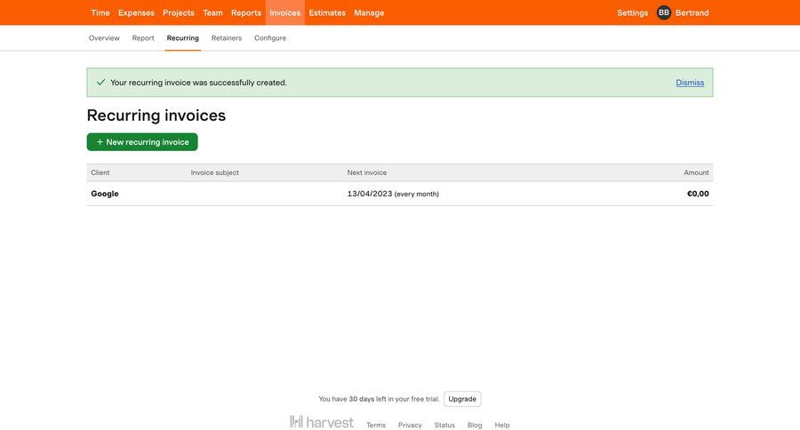 Harvest
			 alert table finance trial banner notification center recurring billing ui page example