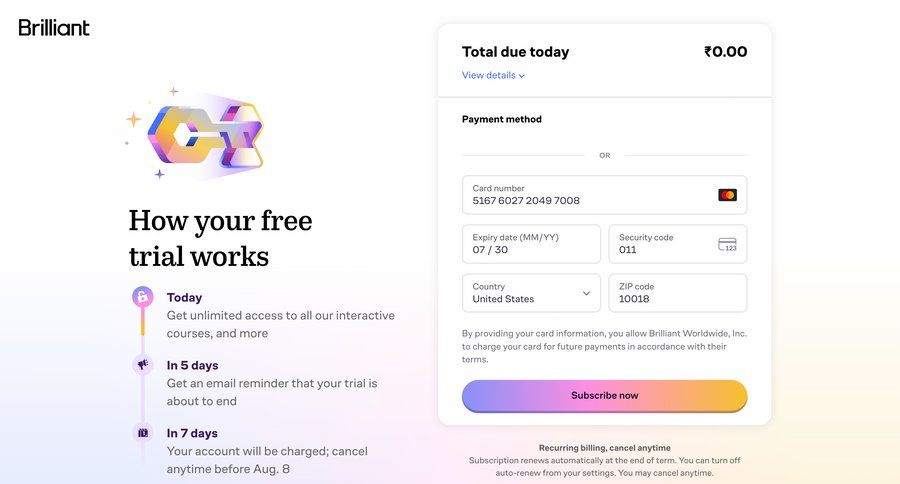 Brillant
			 e-commerce form subscription management payment processing ui page example