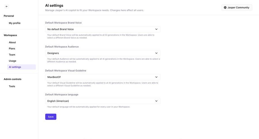 Jasper
			 configuration settings artificial intelligence form workspace settings full-screen layout form layout sidebar ui page example