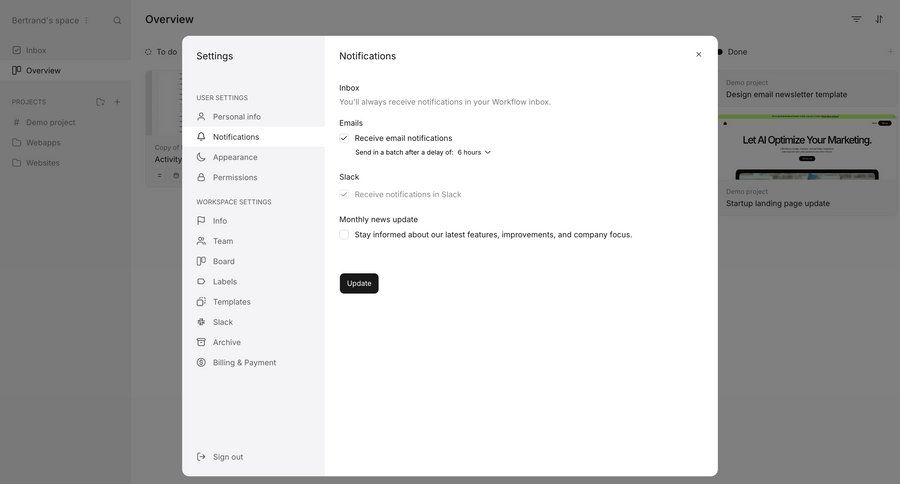 Workflow
			 settings user settings workspace settings notification management preferences ui page example