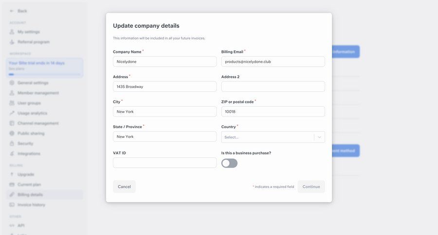 Slite
			 settings account management form account settings data entry ui page example