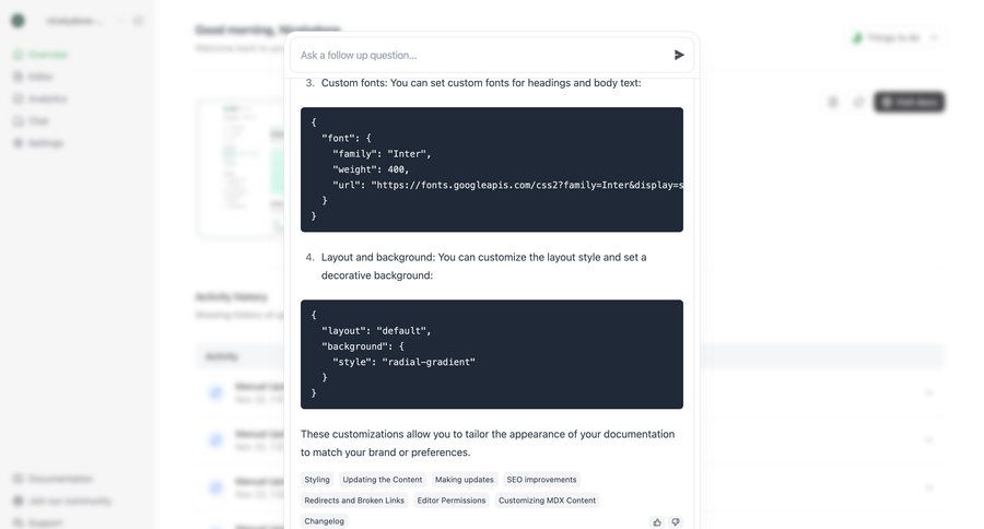 Mintlify
			 modal screen configuration settings content blocks research documentation dashboard layouts code snippet ui page example