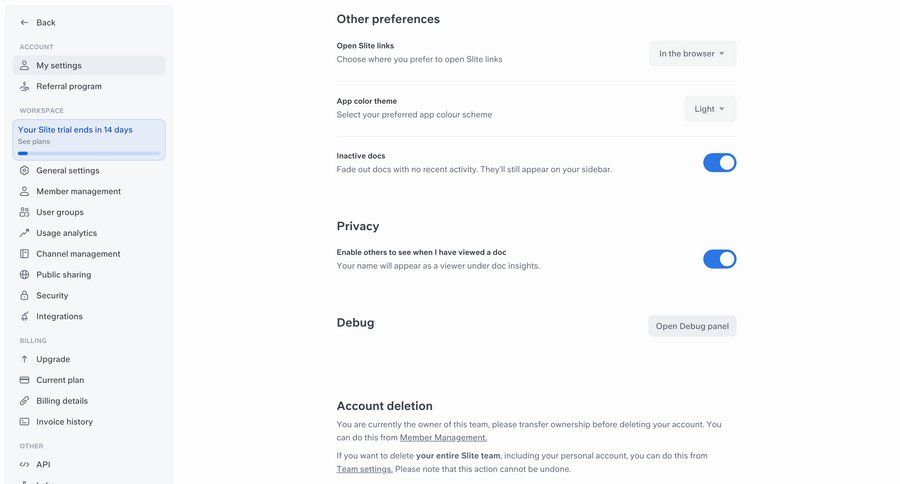 Slite
			 settings sidebar navigation account settings account deletion preferences controls ui page example