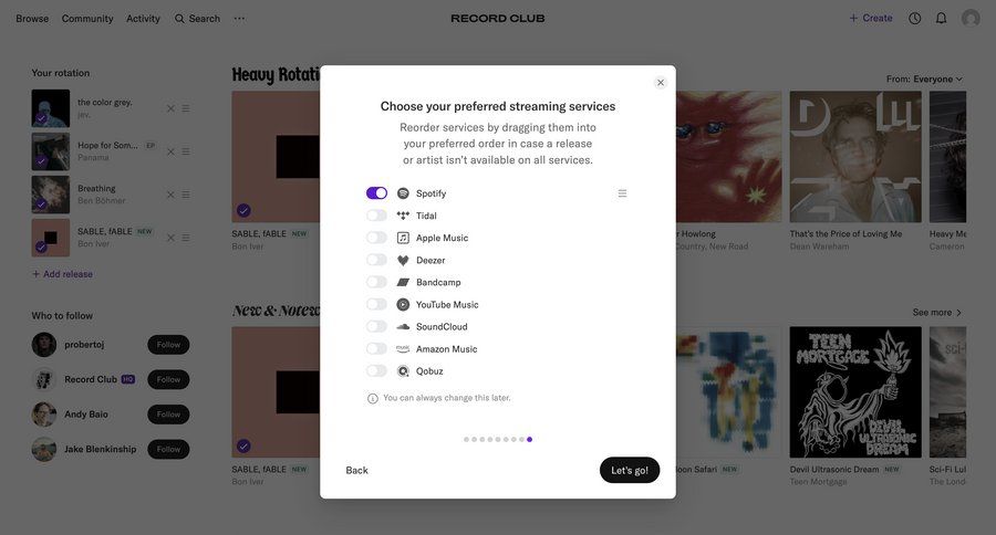 Record club
			 configuration settings onboarding drag and drop preferences parameters reorder ui page example
