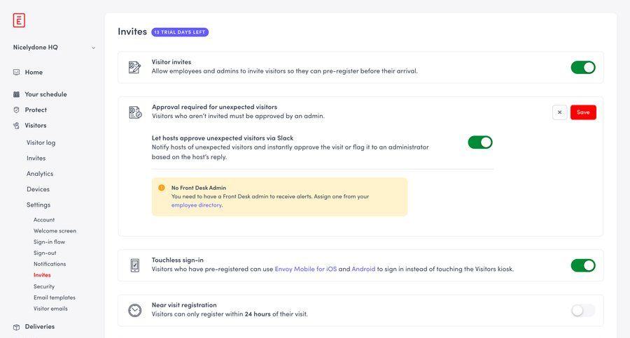 Envoy
			 configuration settings sidebar navigation access control sidebar security setup approval workflow ui page example