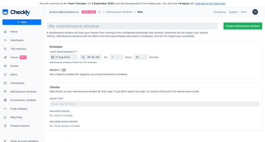Checkly
			 configuration sidebar navigation account management form form layout schedule trial checkout sidebar create date picker time picker setup monitoring timezone selector ui page example