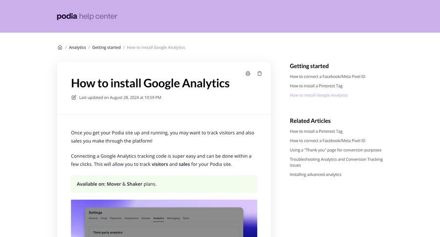 Podia
			 getting started accordion contextual help newsletter signup ui page example