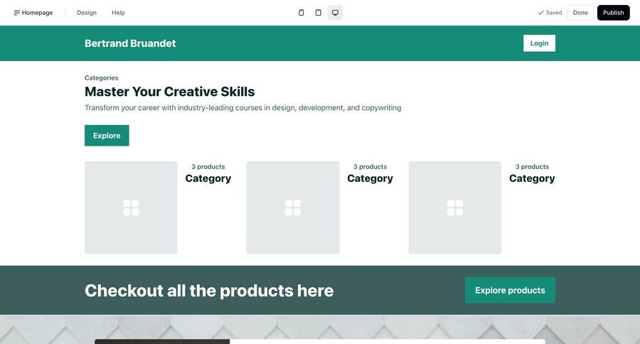 Podia
			 e-commerce grid design content hierarchy checkout screen ui page example