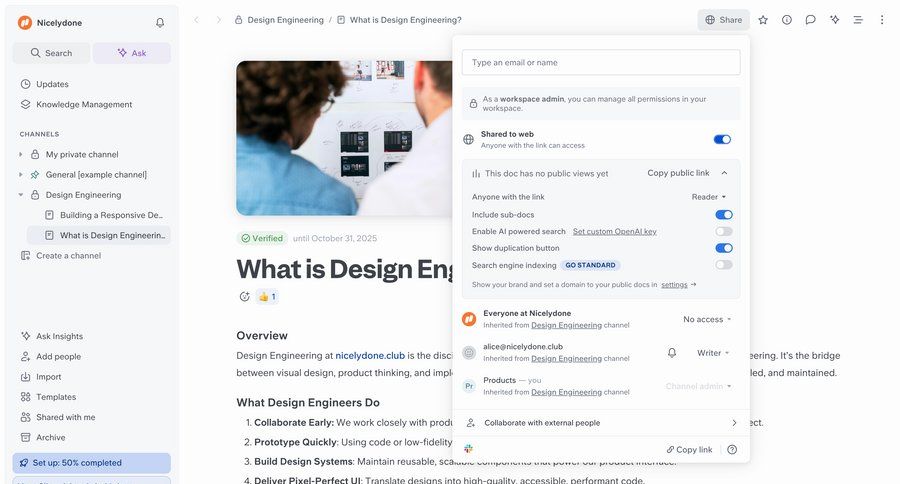 Slite
			 collaboration settings access control document sharing permission management menu sharing ui page example