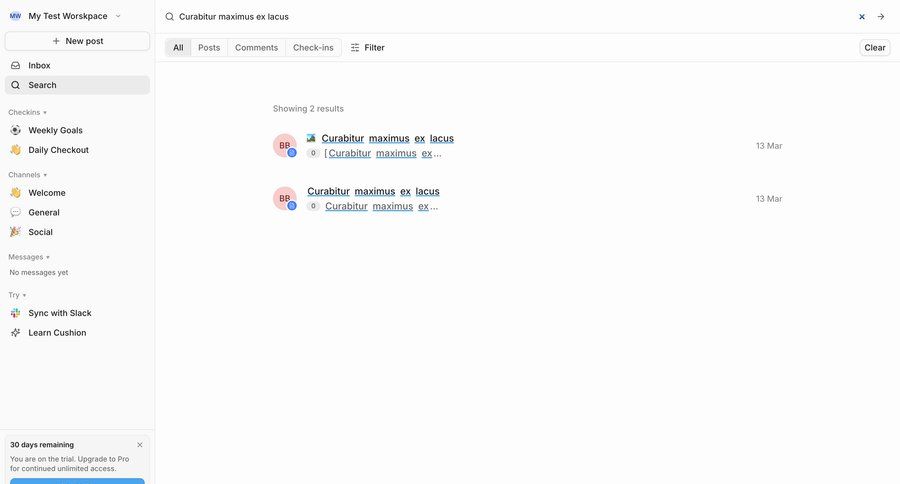 Cushion
			 sidebar navigation team workspace search results trial banner search filters global search ui page example