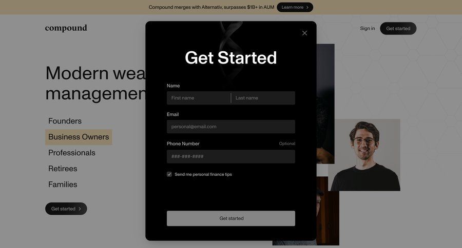 Compound Planning
			 modal finance signup register modern ui page example