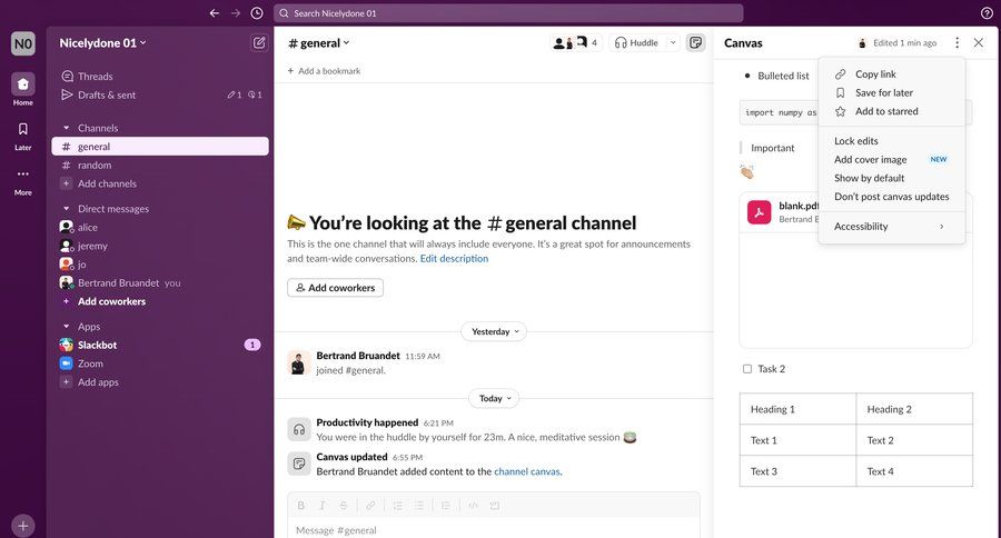 Slack
			 collaboration team collaboration sidebar navigation project management file upload document management document sharing task communication sidebar communication menu newsfeed table ui page example