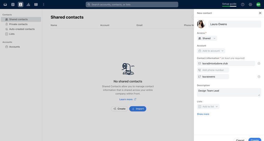 Front
			 collaboration grid onboarding form account setup account settings full-screen layout data entry empty state illustration sidebar communication contact us trainings table ui page example