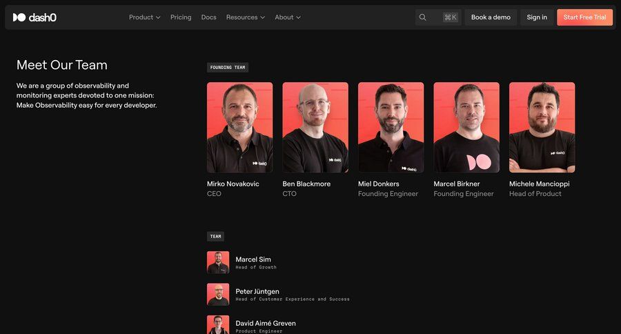 Dash0
				about & company mission ui page example