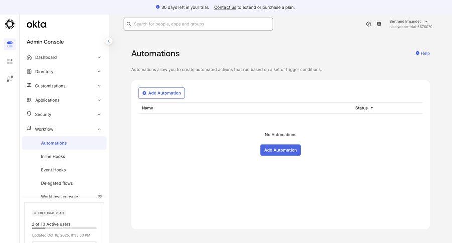 Okta
			 workflow automation trial banner ui page example