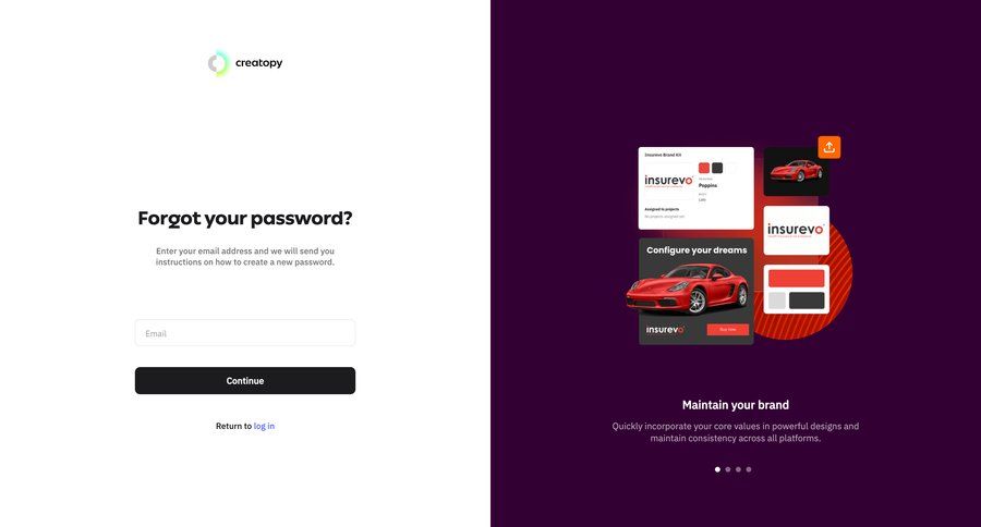 Creatopy
			 account management form split screen authentication login ui page example