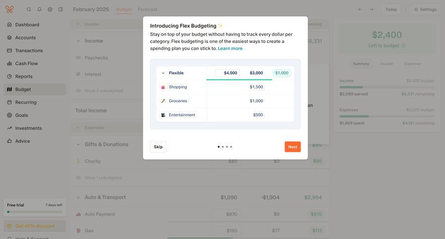 Monarch
			 dashboard onboarding content hierarchy expense management tutorial guide progress guided tour progress bar modern ui page example