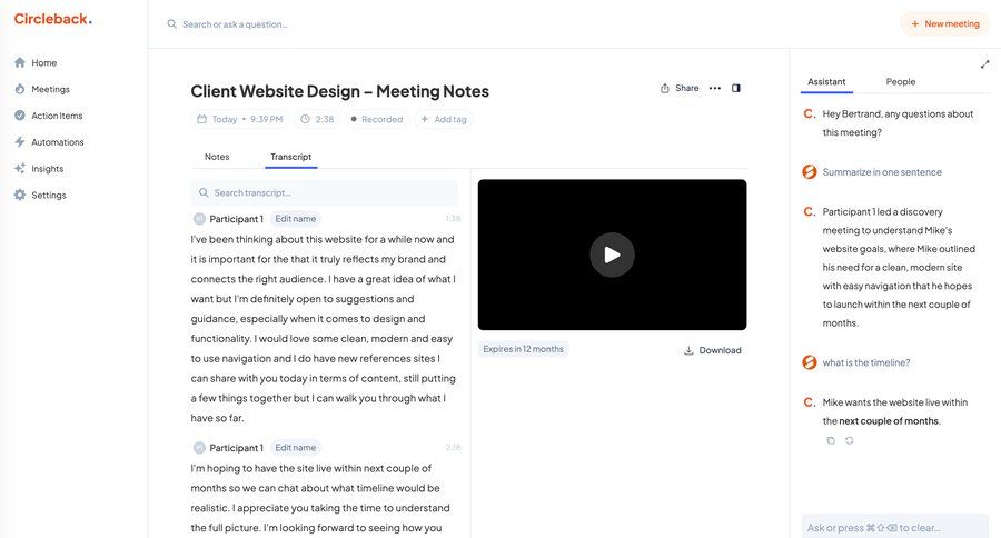 Circleback
			detail page activity feed artificial intelligence collaboration project management menu review meeting transcript ui page example