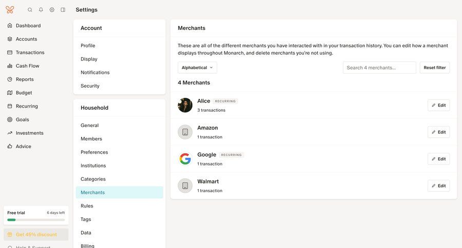 Monarch
			 configuration settings finance full-screen layout hierarchical navigation billing history parameters transaction history ui page example